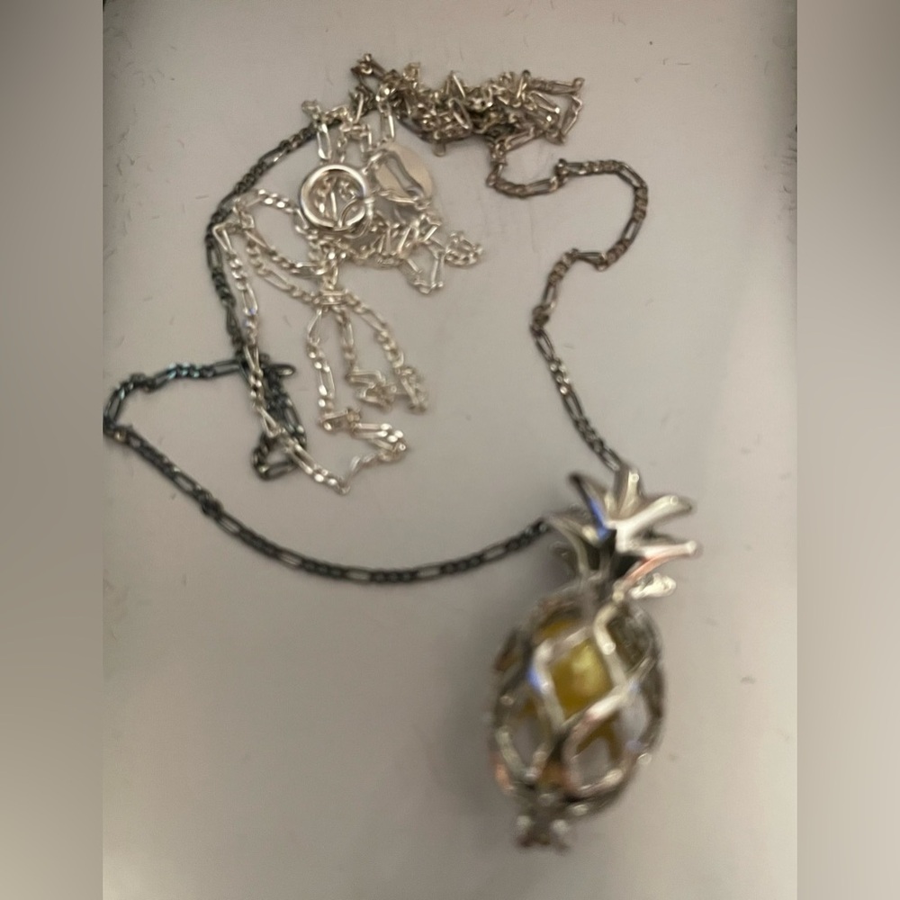 Pineapple Cage with Yellow Cultured Pearl on 22 Inch Chain Necklace